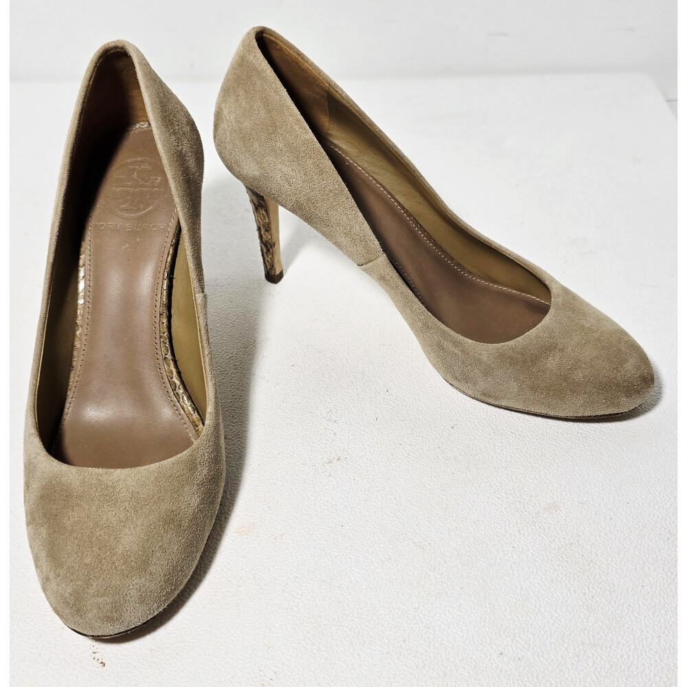 Tory Burch Mabel Beige Suede Almond toe Pumps Snakeskin 3.25” Heel Size 6